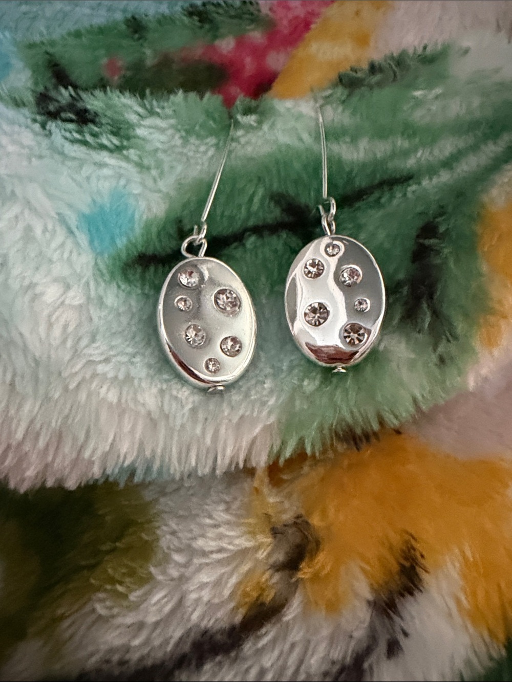 Oval Sterling-Color Drop Earrings with Clear Crystal Accents